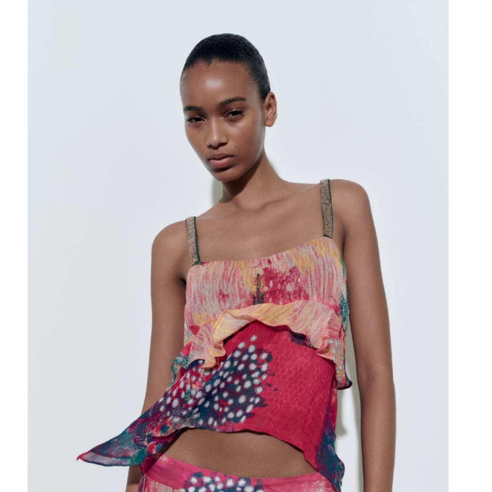 Zara Printed Ruffle Crop Top